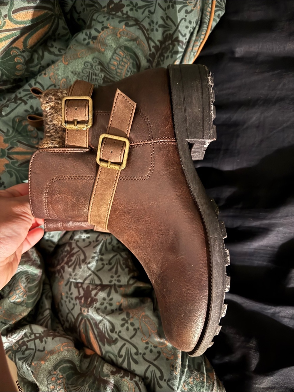 Womens Brown Leather Buckle Winter Boot
